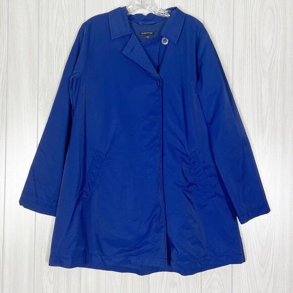 Eileen Fisher | Royal Blue Hidden Button Rain Jacket Size Medium - Picture 1 of 8
